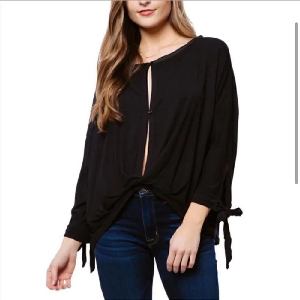Free People Keepin On Tie Sleeve Top Blouse Black